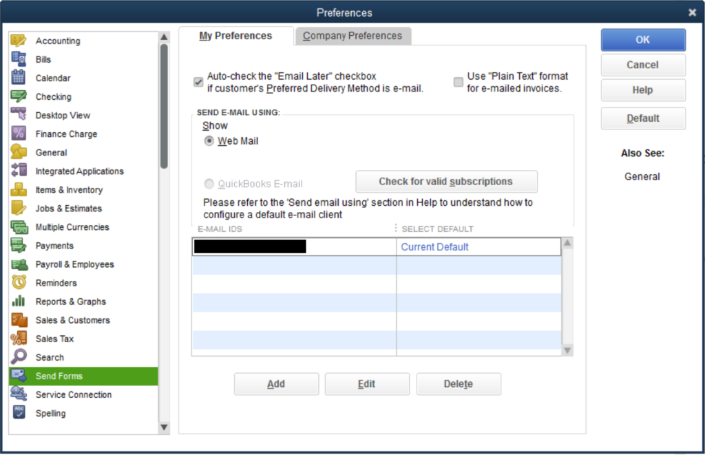 quickbooks 2000 office 365 email settings